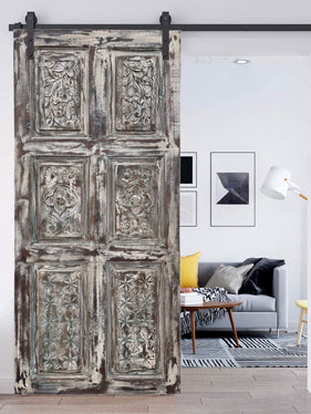 Whitewash Carved Sliding Barn Door, Vintage Rustic Bathroom Door